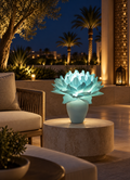 Dahlia outdoor illuminated flower lamp at night, illustrative setting